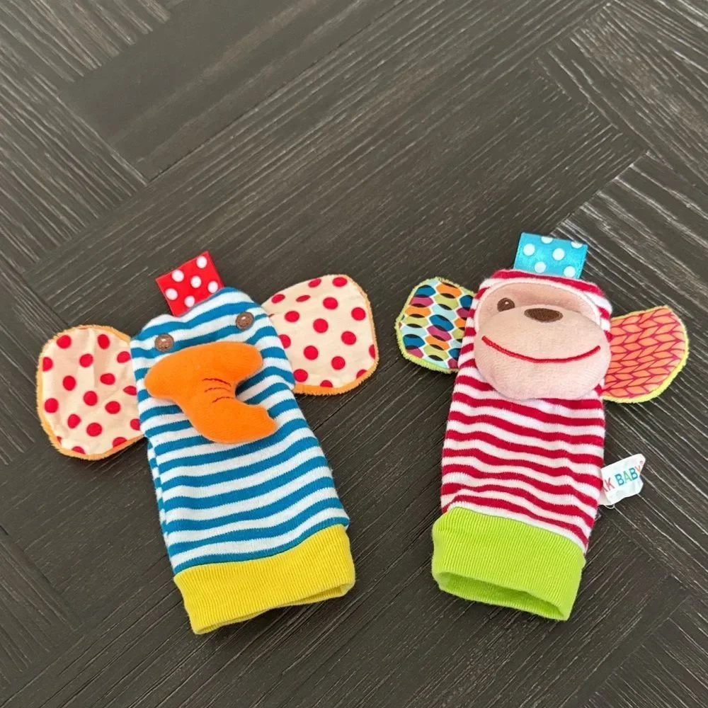 Baby Foot Finder Sock & Wrist Rattle Set 6–12M | Elephant Monkey Sensory Toy Gif